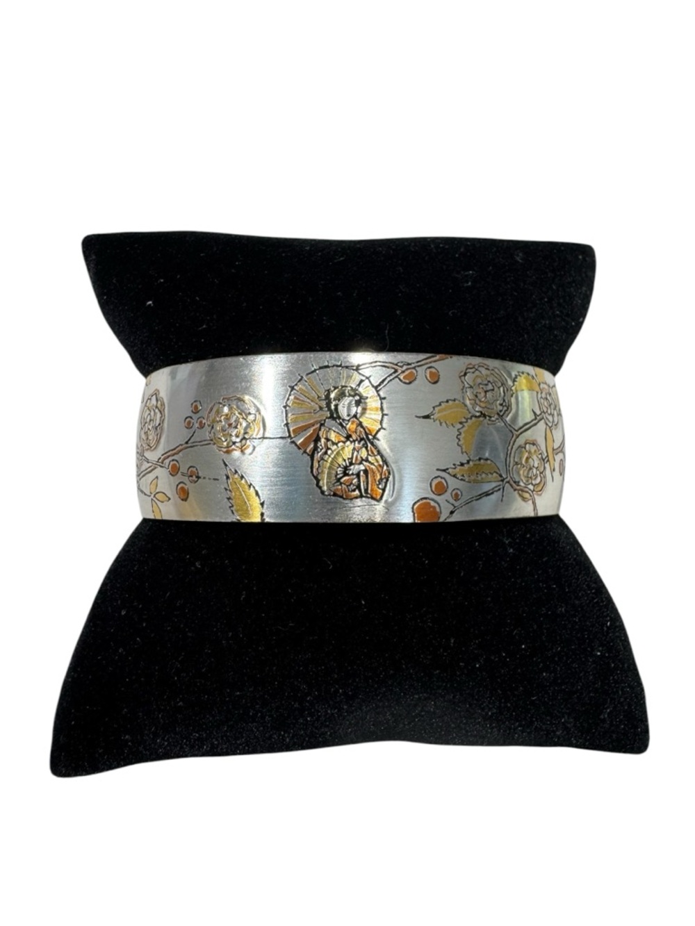 VTG Reed & Barton Damascene Geisha & Floral Design Cuff Bracelet